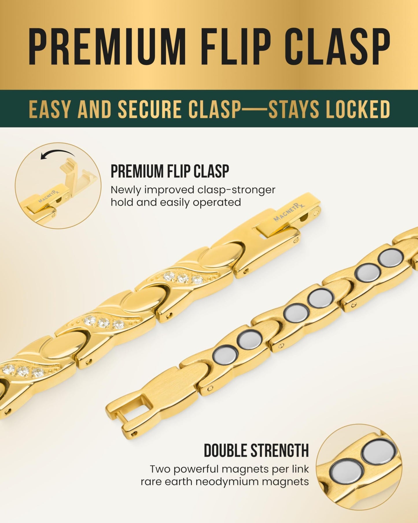 MagnetRX® Ultra Strength Magnetic Bracelets for Women – Double Magnet Stainless Steel Crystal Bracelet for Women – Adjustable Bracelet Length with Sizing Tool (Gold XO)