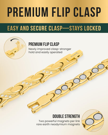 MagnetRX® Ultra Strength Magnetic Bracelets for Women – Double Magnet Stainless Steel Crystal Bracelet for Women – Adjustable Bracelet Length with Sizing Tool (Gold XO)