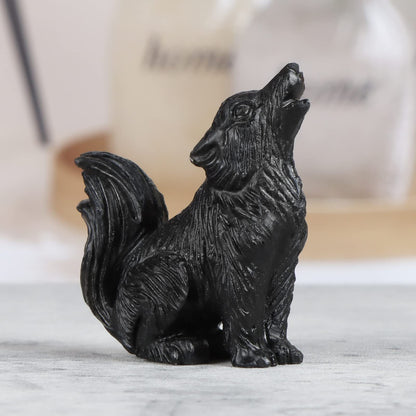 LEADGEM 2.0" Black Obsidian Big Tail Wolf Figurine Healing Crystal Stone Statue Carved Sculpture Paperweight Ornaments Fengshui Home Office Decor Gifts
