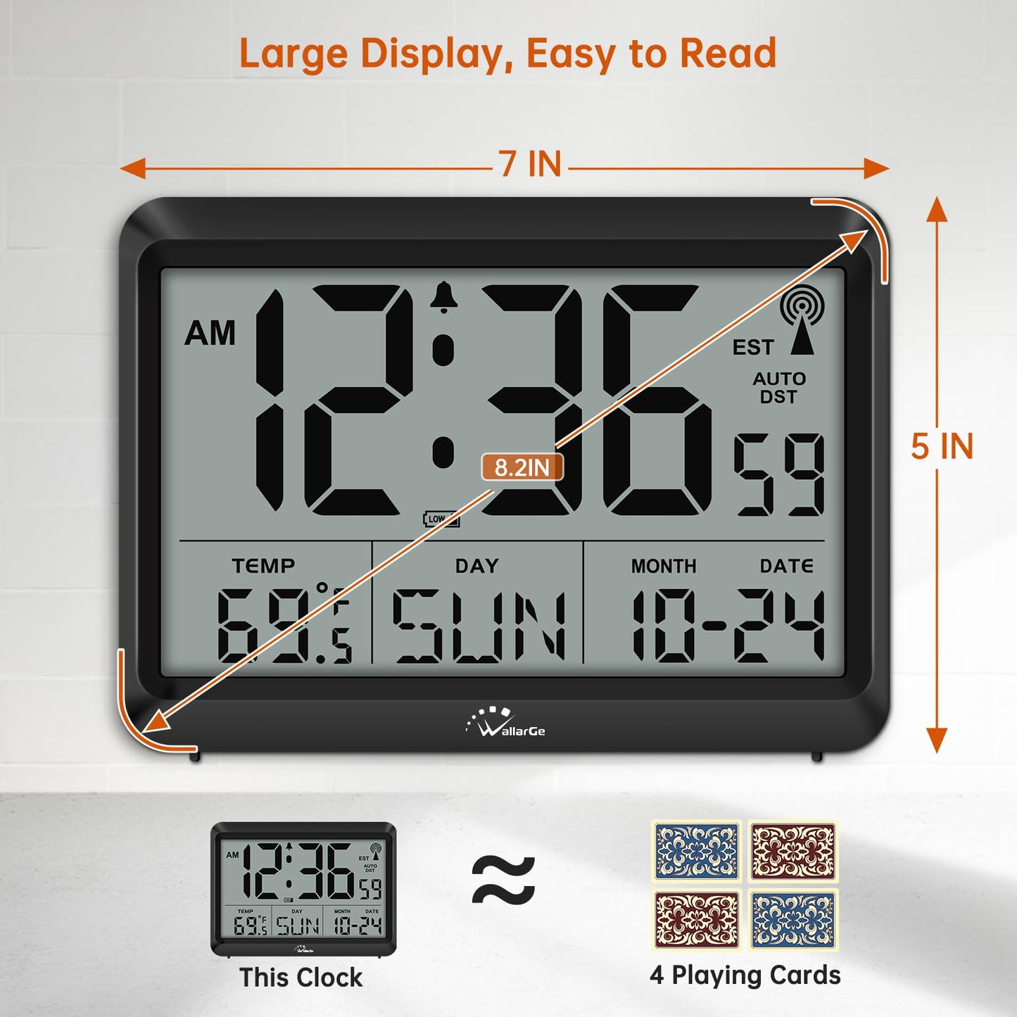 WallarGe Atomic Digital Wall Clock Battery Operated, Self-Setting, Large Display with Temperature, Date, Day of The Week, Silent Wall Mount Digital Clock, 4 Time Zones, DST