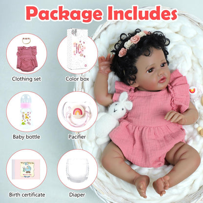 SCOM 18 Inch Reborn Baby Doll Black Girl - Realistic African American Newborn Girl Dolls, Real Lifelike Dolls with Soft Weighted Body, Poseable Real Baby Reborn Gift Toy for 3+ Years Old Kids
