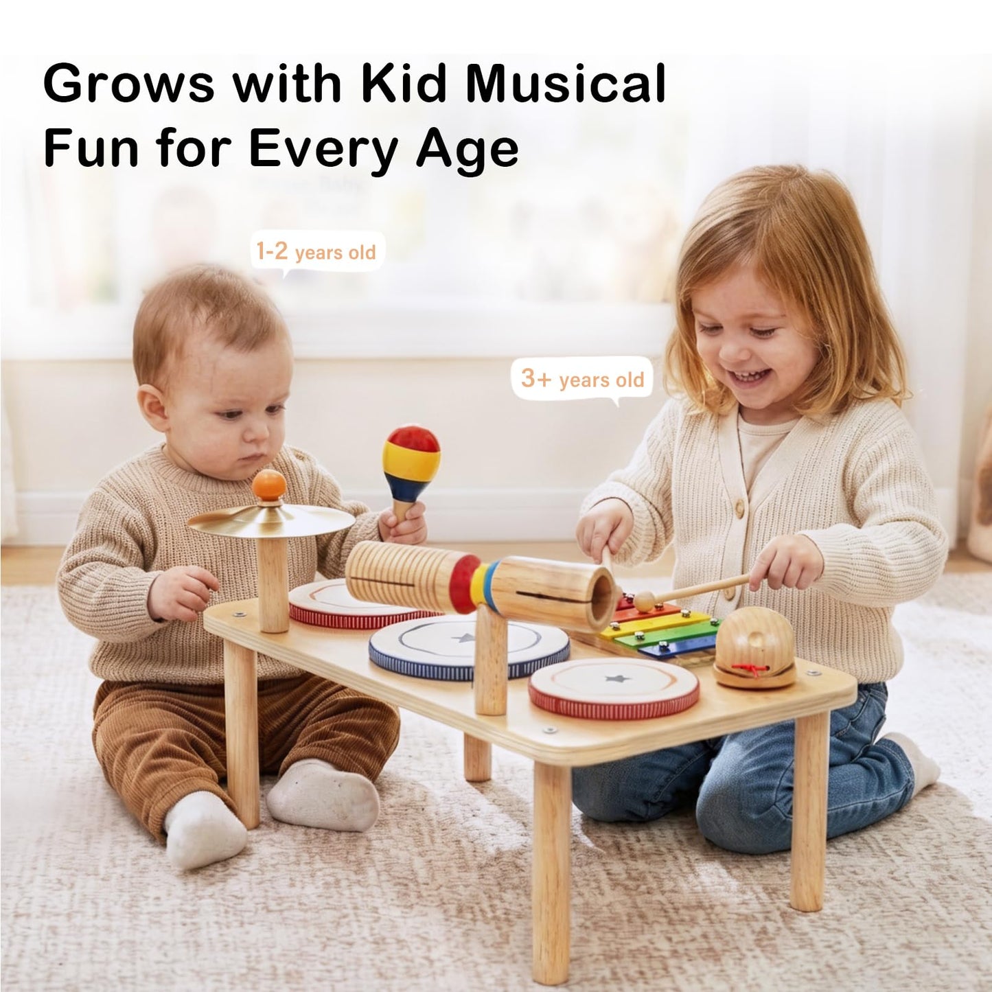 WINYGZ 9-in-1 Baby Drum Set, Low Noise Montessori Musical Instruments for Toddlers 1-3, Safe & Durable Wooden Music Toys for Quiet Sensory Play at Home, Great Birthday for Boys Girls