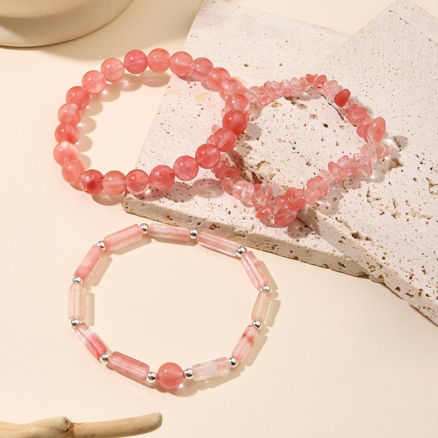 3 Pcs Watermelon Cherry Quartz Bracelet for Women 8mm Watermelon Quartz Crystal Bracelet for Women Hematite Jewelry Natural Healing Protection Stone Bracelets Beaded Bracelets Gift for Men Women