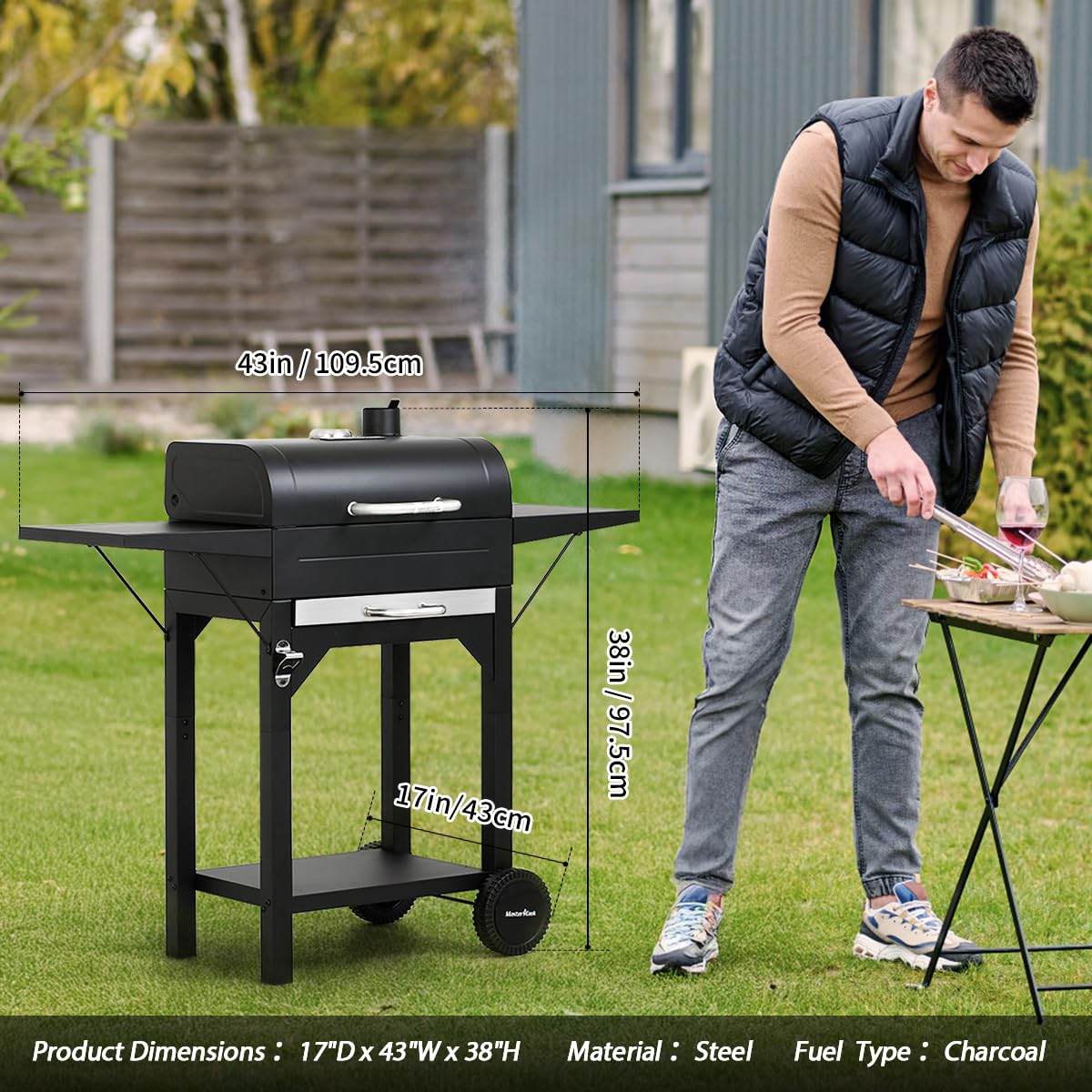 MASTER COOK Charcoal Grills with Two Side Tables, 332 SQIN Cooking Area Outdoor Smoker Barbecue bbq grill for Camping, Patio,Backyard Party, Picnic, Black