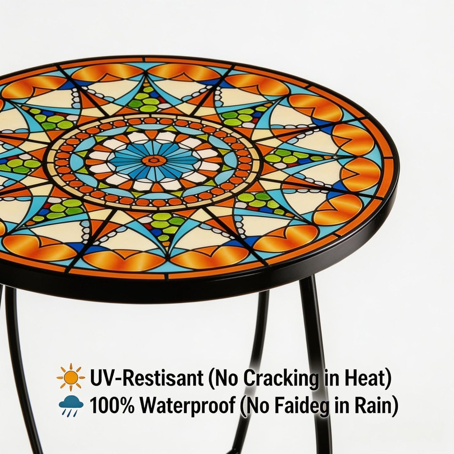 Kaesithar Set of 2 Mosaic Outdoor Side Tables Round, 15 Inch Height - Small Patio Table Set, Foldable Sun Pattern Metal Plant Stands for Garden, Balcony & Yard (Mosaic Sun, 2 Pack)