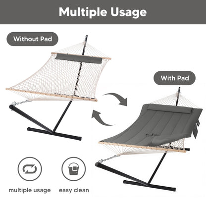 SUNCREAT Double Outdoor Hammock with Stand, Two Person Cotton Rope Hammock with Polyester Pad, Dark Gray