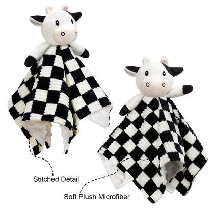 BEILIMU Cow High Contrast Baby Security Blanket for Babies, Soft 3D Checkerboard Lovey with Minky Dot Fabric Backing, Newborn Boys and Girls Snuggle Stuffed Animal Blankie 14 Inch