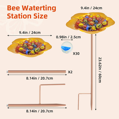 Large Bee Watering Station-Golden Butterfly Puddler Bee Bath & Feeder with Metal Stakes - 30 Glass Marbles, Vivid Flower Design, Garden Yard Decor (Golden-2PACK)