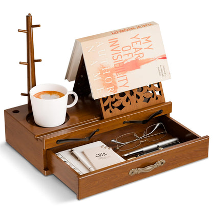 Adjustable Wooden Book Stand with Storage - Multi-Function Hands Free Book Holder for Books, Tablets & Recipes with Cup Slot, Pen Groove & Page Holder - Perfect Kitchen Counter & Gifts for Book Lovers