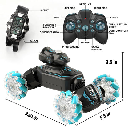 FDCTR Gesture Sensing Remote Control Car, RC Cars Toys for Boys Age 6-12, 4WD Hand Controlled Twist & Transform 360° Spins Stunt Car with Mist, Light & Music, 8-10 Year Old Boys Birthday Gift Blue