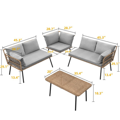 DWVO 4-Piece Outdoor Sectional Sofa Set, All-Weather Wicker L-Shaped 5-Seater Patio Furniture with Removable Cushions & Side Table, Boho Conversation Set for Backyard, Porch, Deck (Grey)