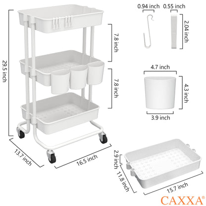 CAXXA 3-Tier Rolling Storage Organizer with 3 Small Baskets - Mobile Utility Cart with Caster Wheels (White)