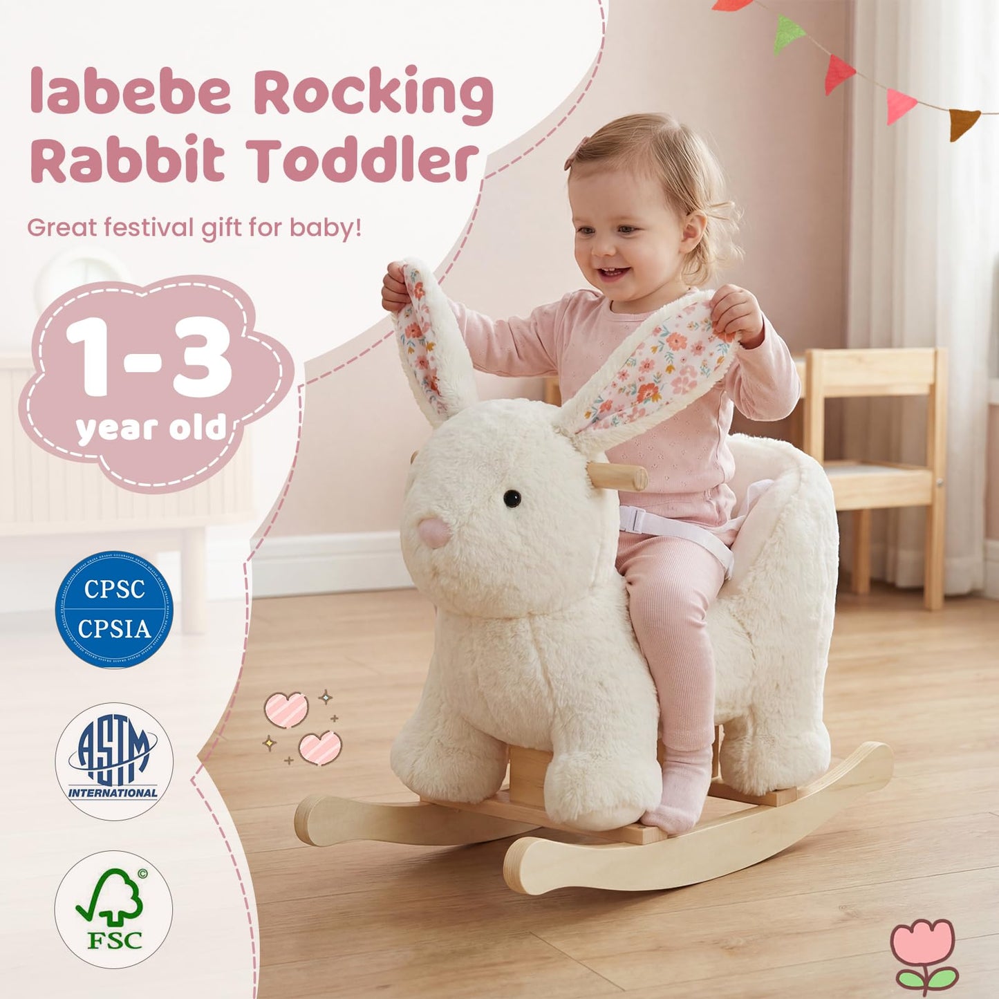 labebe Baby Rocking Horse, Plush Rabbit Animal Rocker, Wooden Rocking Horse with Seat Belt, Kid Ride On Toy for 12M+ Baby Girls, Nursery Birthday