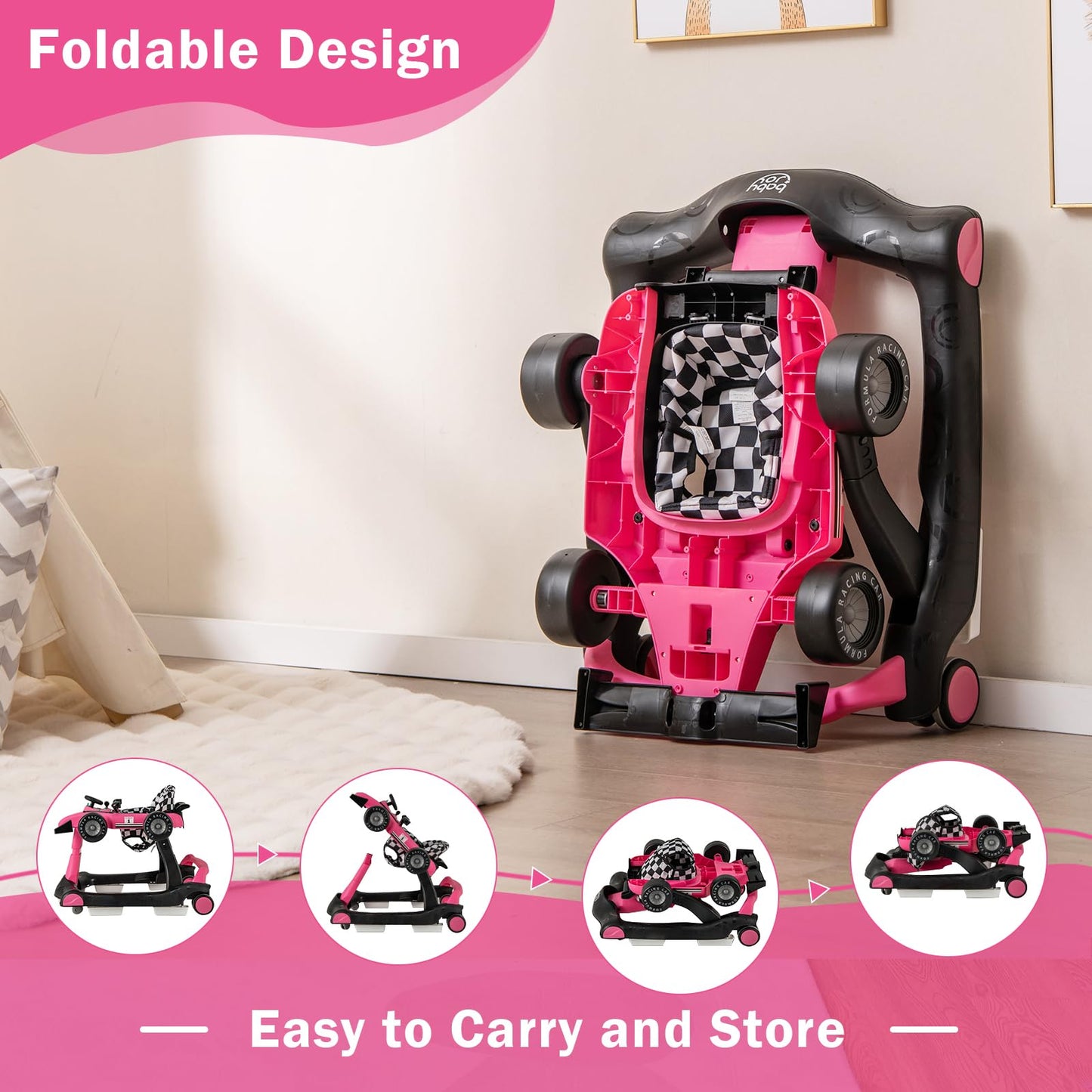 BABY JOY 4-in-1 Baby Walker, Foldable Activity Walker with Adjustable Height & Speed, Music, Lights, Anti-Rollover, Toddler Push Walker, Baby Walker with Wheels for Boys Girls 6-18 Months (Pink)