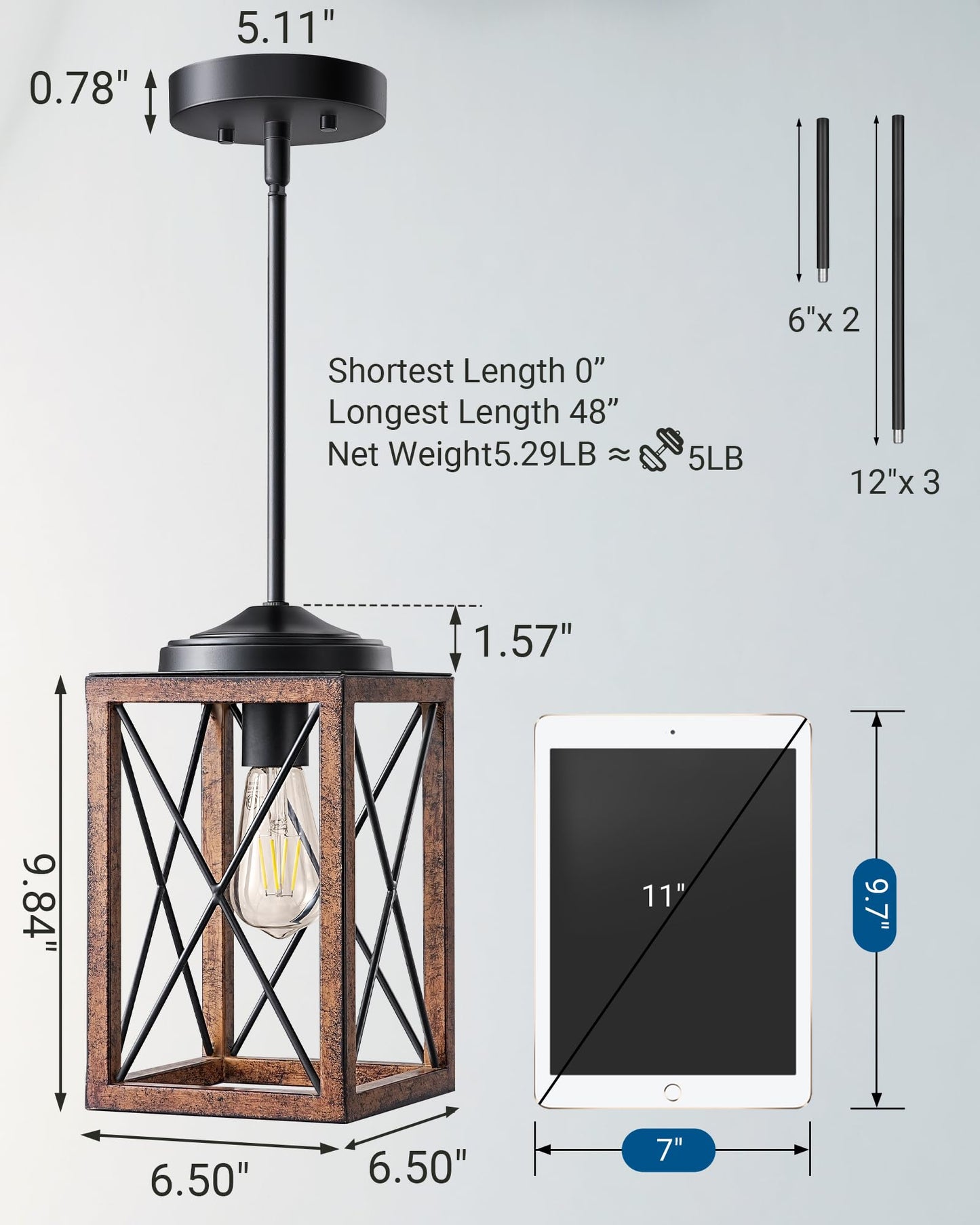 DEWENWILS Farmhouse Pendant Light, Metal Hanging Light Fixture with Wooden Grain Finish, 48 Inch Adjustable Pipes for Flat and Slop Ceiling, Kitchen Island, Bedroom, Dining Hall, E26 Base