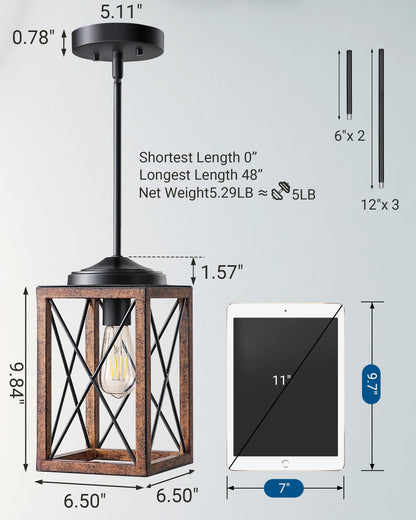 DEWENWILS Farmhouse Pendant Light, Metal Hanging Light Fixture with Wooden Grain Finish, 48 Inch Adjustable Pipes for Flat and Slop Ceiling, Kitchen Island, Bedroom, Dining Hall, E26 Base