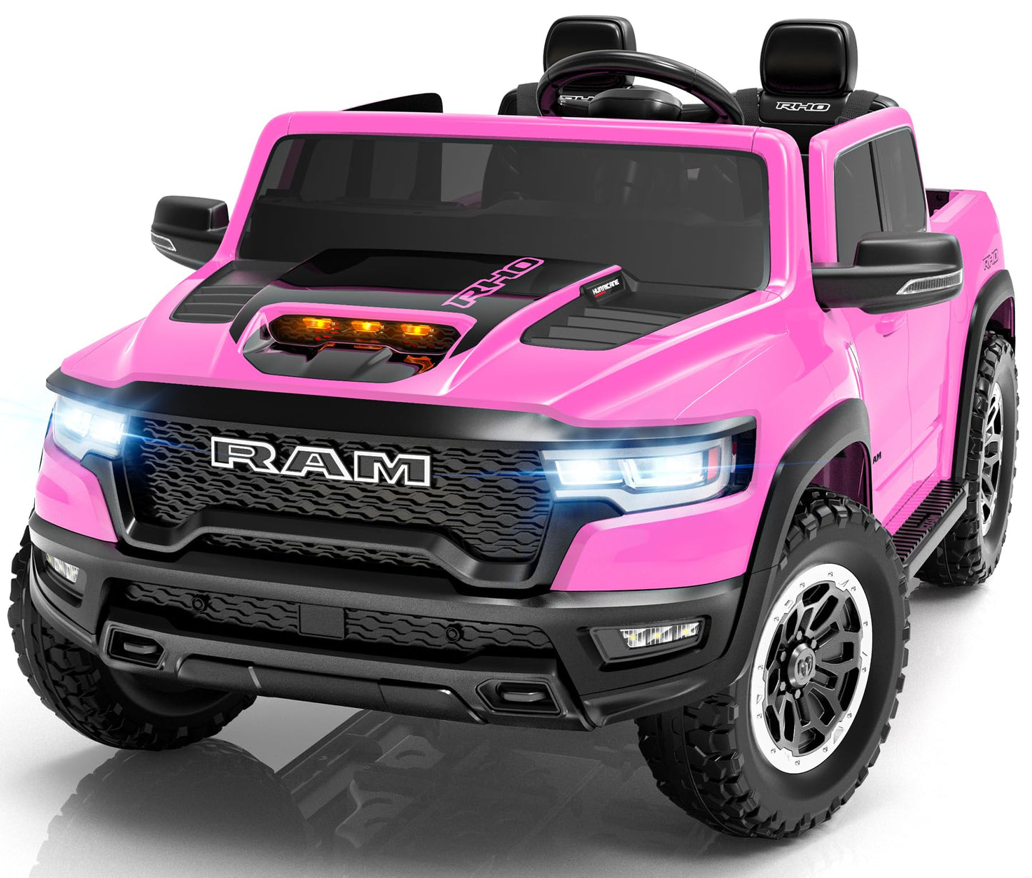 ENYOPRO 24 Volt Ride on Toys for Girls, Licensed RAM 1500 RHO 2 Seater Electric Car w/Remote Control, Kids Electric Vehicles w/Working Truck Tailgate, Suspension, Music, LED Lights (Pink - High Door)