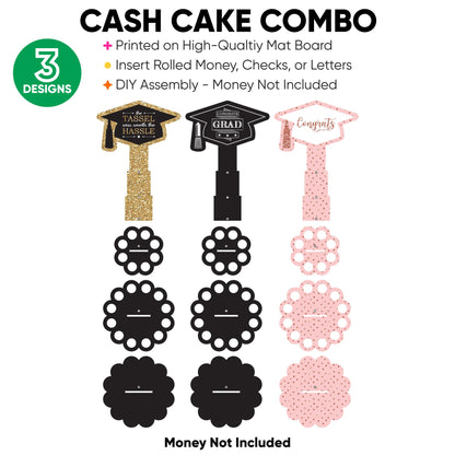 Big Dot of Happiness Graduation Money Gift Holder - DIY Celebration Cash Cake Stand with 20 Bill Slots, Black and White Decorative 2-Tier Cap Design, Party Display - Assorted Grad - Set of 3