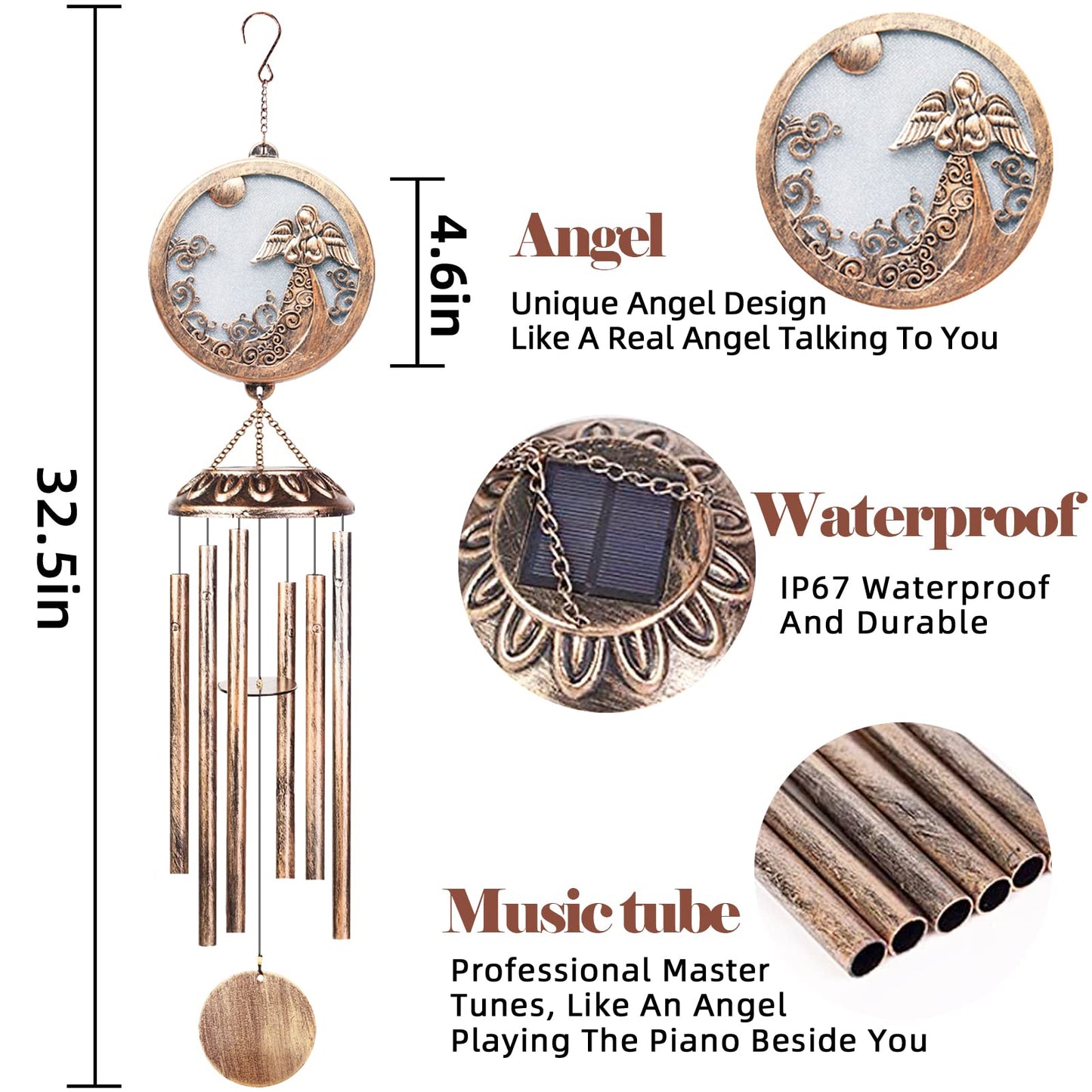 FSVGYY Solar Angel Wind Chimes for Outside-Memorial Wind Chimes- Memorial Wind Chime for Garden/Patio Decor Gifts for Mom Women-Loss of Loved One (33 Inch Deep Tone)