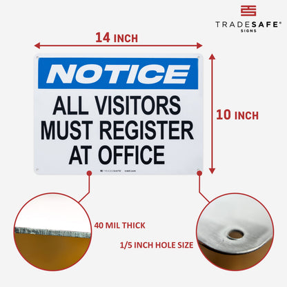 TRADESAFE All Visitors Must Register At Office - Aluminum Safety Sign, Quick Install Signs for Business, Light Reflective, UV-Resistant 14” X 10” Visitor Sign In Metal Signs