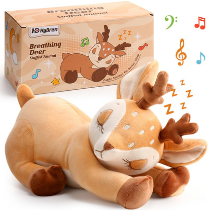 HyDren Breathing Stuffed Animal Soothing Deer Anxiety Stuffed Animal, Soft Anxiety Plush Toys with Music Lights and Realistic Breathing Motion for Adults Kids Sleep Relaxation Holiday Birthday Gifts