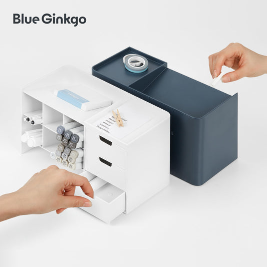 BLUE GINKGO Hive Stack Desk Organizer – Stackable Pen Holder, Stationary Organizer with Drawers - Office Storage, School Supplies, Makeup (Made in Korea, Blue)