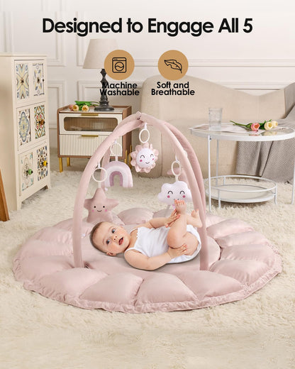 Deekuiwi 5-in-1 Convertible Baby Gym Play Mat with Hanging Toys, Soft Padded Activity Center & Ball Pit, Plush Tummy Time Mat for Newborns to Toddlers, Machine Washable, Pink