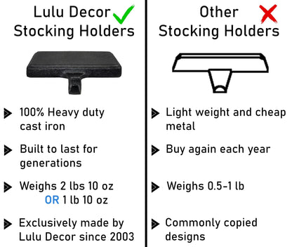 Lulu Decor Black Christmas Stocking Holders for Mantle set of 3 - Heavy Cast Iron Weighted Strong & Sturdy - Low Profile Flat Base Stocking Hooks, Simple Design for Mantle Decor Weighs 1 lb 10 oz each