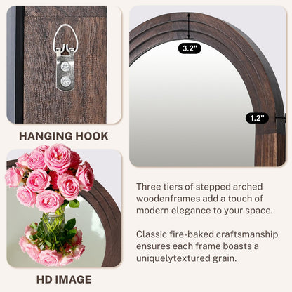 LXWZHK 36"x24" Arched Wooden Frame Wall Mirror, Rustic Vanity Wall Mirror for Bathroom, Bedroom, Brown