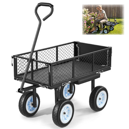 VEVOR 500 LBS Steel Garden Cart with Work Seat, Heavy Duty Garden Wagon Cart on Wheels, Outdoor Metal Utility Yard Wagon Gardening Stool with 10inch Flat Free Tires, Tool Tray & Adjustable Handle