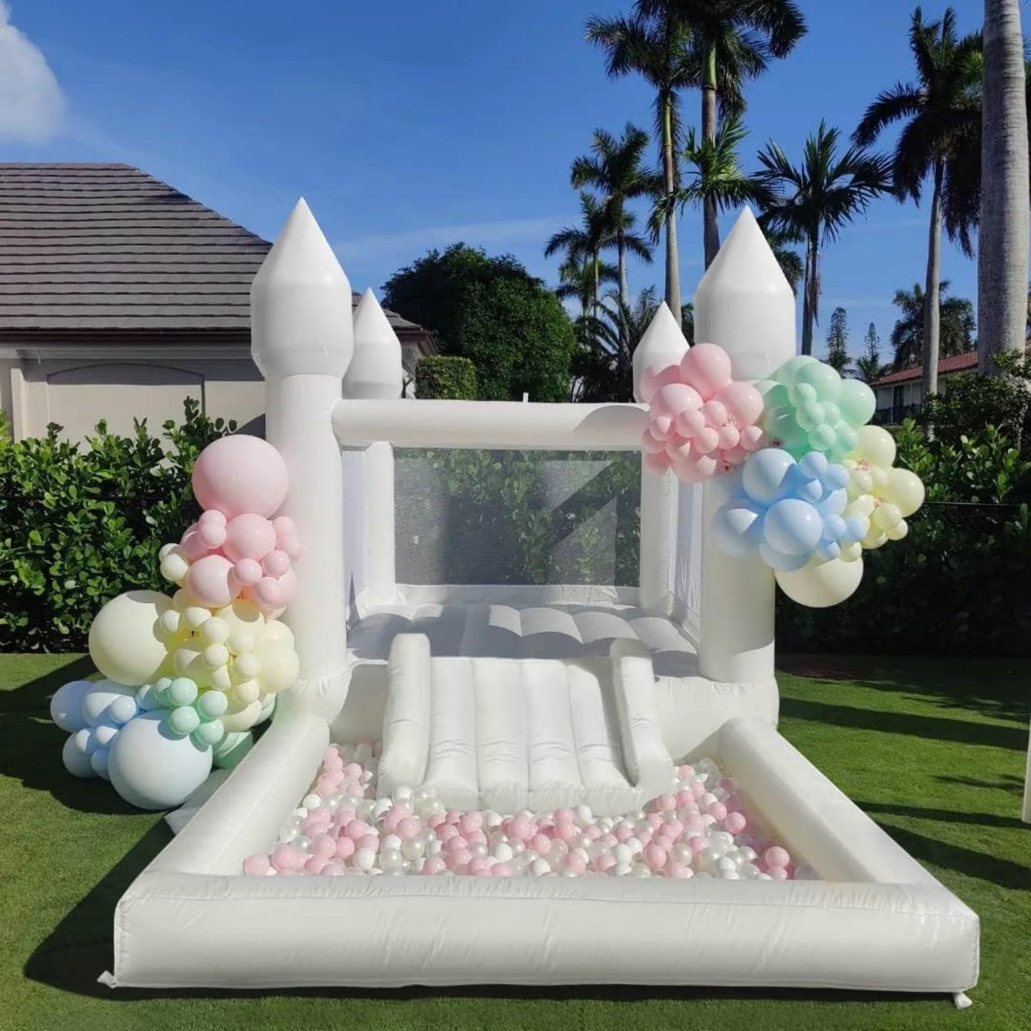 Inflatable White Bounce House for Kids with UL Blower-Portable, Large Ball Pool and Jump Space 3in1 Bouncy Castles A Spacious Joy-Room Bounce House for Kids 3-12 (Oxford material-13' L X 8' W X 8' H)