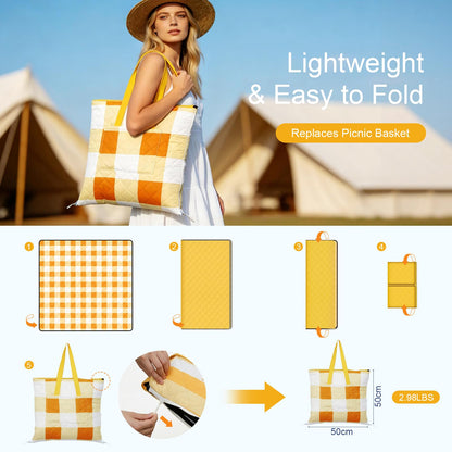 JACTUM 2 in 1 Tote Picnic Blanket Waterproof Outdoor Camping Mat,Large Capacity Beach Blanket 80''x80'' 7 Layers Easy to Foldable and Carry.