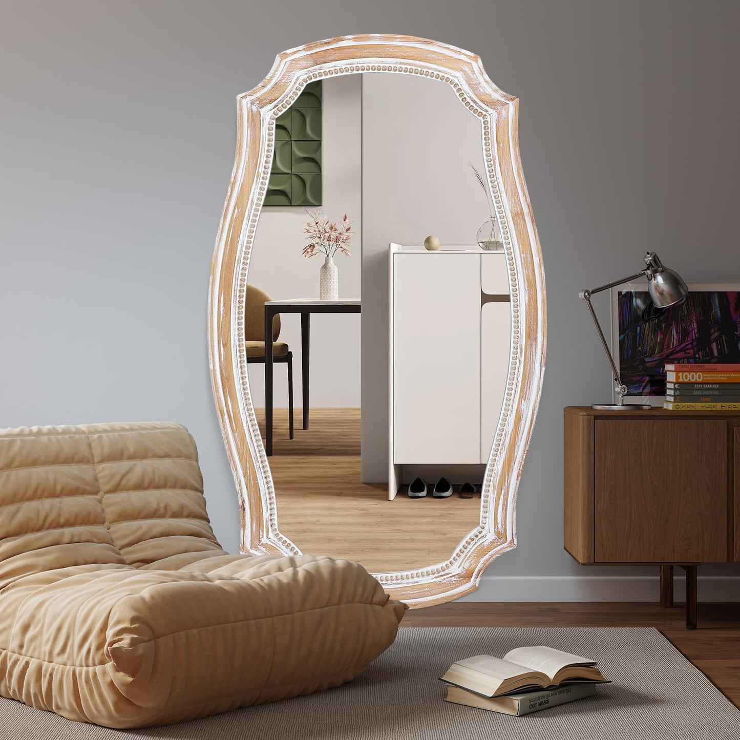 HOITUZYUS 36x24 Inches Rustic Scalloped Wall Mirror, Baroque Curved with Beaded, Distressed Wooden Decorative Mirros for Living Room, Bedroom, Entryway - Horizontal or Vertical