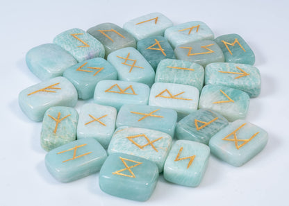 Crocon Amazonite Rectangle Shape Gemstone Runes with Elder Futhark Alphabet Engraved 25 pcs Rune Set Crystal Divination Metaphysical Healing Chakra Reiki Runes Set with a Pouch Size : 20-25mm
