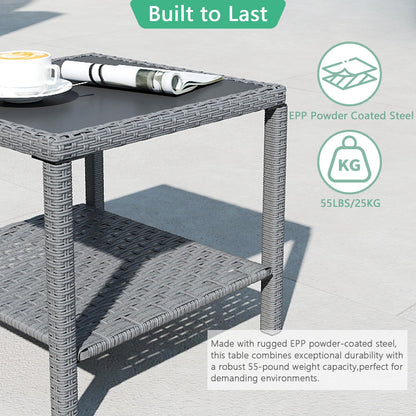 Helios&Hestia Square All Weather Rattan Wicker Outdoor Coffee Side End Table with Glass Top for Patio, Deck, Backyard, Garden, Grey