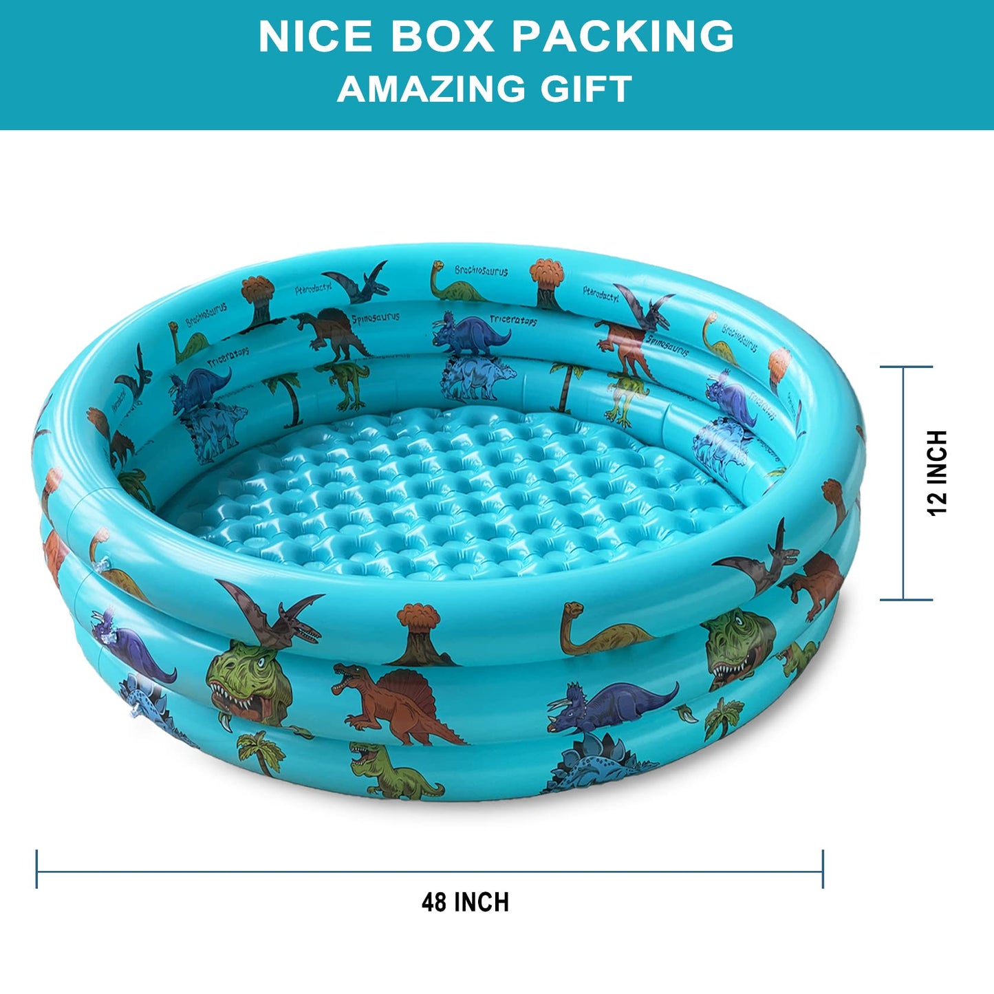 Dinosaur Inflatable Baby Pool - Small Toddler Blow Up 3 Rings Round Pad Pool, Outdoor/Indoor Play Center with Ball Pit & Toys - 48'x12'