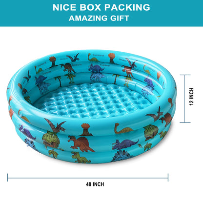 Dinosaur Inflatable Baby Pool - Small Toddler Blow Up 3 Rings Round Pad Pool, Outdoor/Indoor Play Center with Ball Pit & Toys - 48'x12'
