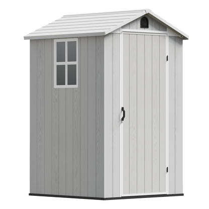Devoko 4×4 FT Resin Storage Shed with Floor, Plastic Outdoor Garden Shed with Windows and Lockable Doors, Waterproof Outside Tool Sheds for Patio Backyard Lawn, Light Gray