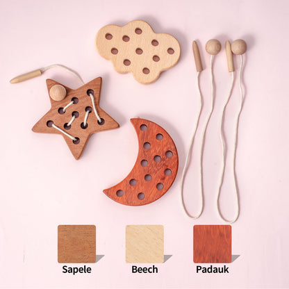 FlameFlash 3 Pack Wooden Lacing Threading Toys for Toddlers 1-3 Solid Wood Threading Activity Puzzles, Moon/Stars/Cloud Quiet Toddler Toys for Airplane Travel Fine Motor Skills Sensory Toys