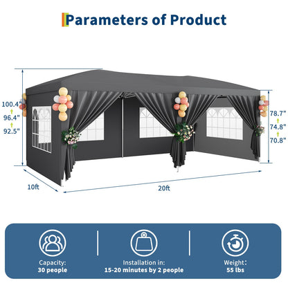10x20 Pop Up Canopy Tent with 6 Removable Sidewalls, Heavy Duty Easy Up Commercial Party Tent with 3 Adjustable Heights, Waterproof Outdoor Canopy for Events, Wedding & Market, Includes 18 Stakes and