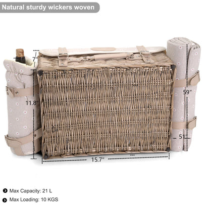 Multifunctional Wicker Picnic Basket Set for 2 with Blanket and Picnic Table, Insulated Picnic Set with Full Tablewares for Camping Outdoor Couples, Flowers
