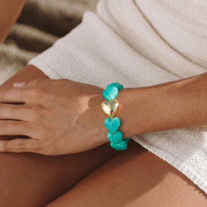 INNERDIVA Chunky Heart Beaded Bracelets for Women Trendy Statement Big Large Turquoise Resin Bubble Bead Stretch Bracelet Summer Beach Beachy Boho Hand Gemstone Womens Jewelry Charm Cute Gifts Stuff
