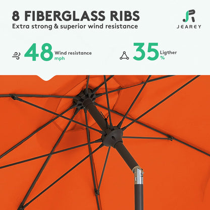 JEAREY 9FT Outdoor Patio Umbrella,Market Table Umbrella with 8 Fiberglass Ribs, Pool Umbrella with Tilt and Crank, UV Protection Lightweight & Wind-Resistant for Lawn, Garden, Deck and Backyard, Orange