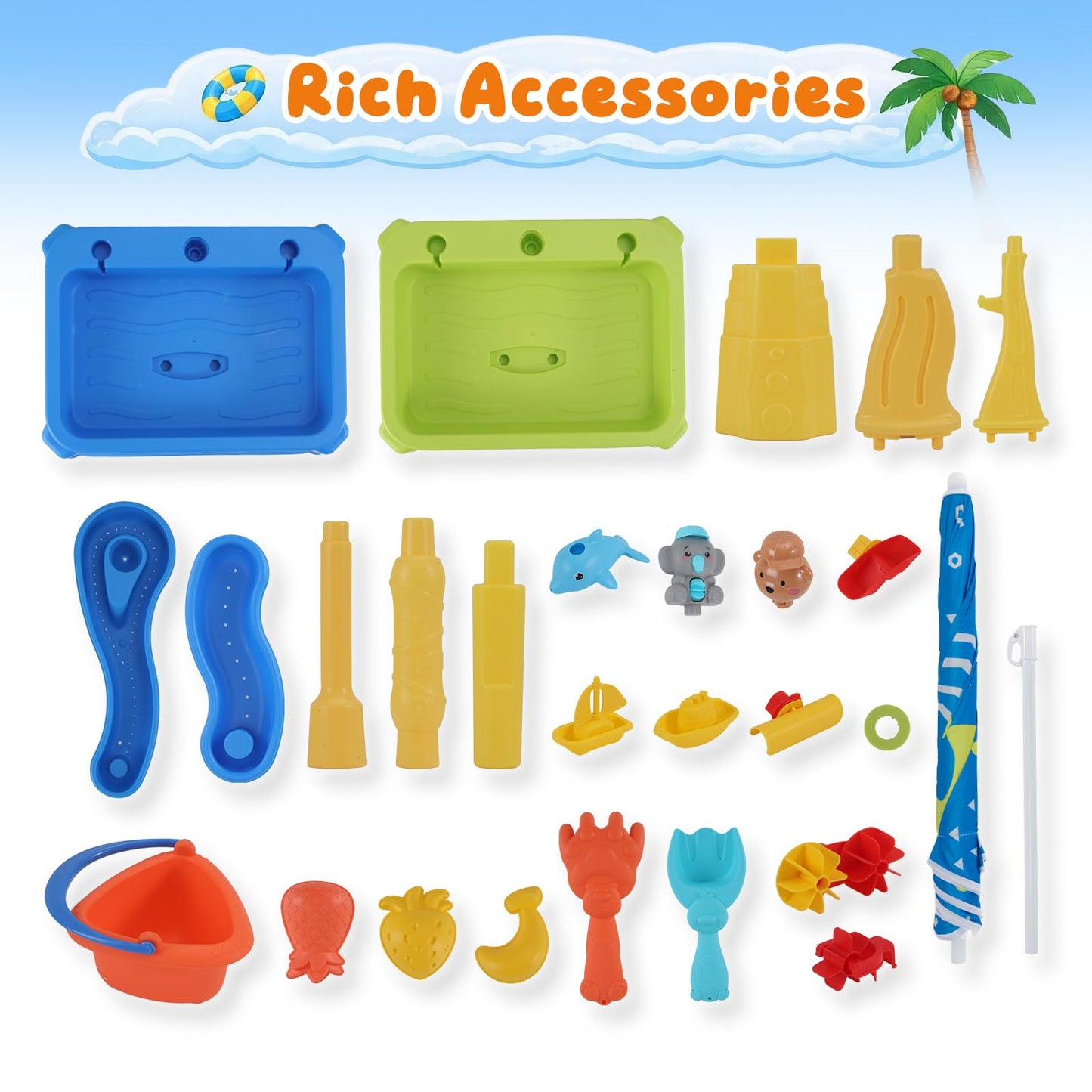 MUGEYMYD Water Table for Toddlers 3-5, Rain Showers Splash Pond Sensory Sand Playset with Umbrella, 16 PCS Accessories, Outdoor Summer Toy for Boys and Girls.