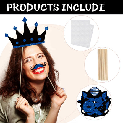 Zonon 24 Pcs Funny Photo Booth Props Class of 2026 Graduation Birthday Wedding Family Class Reunion Prom Disco Party Celebration Decoration Supplies Mix of Hats, Lipstick, Tie(Blue and Black)