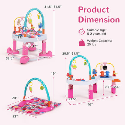 INFANS Baby Bouncer Activity Center, 5 in 1 Toddler Bouncing Activity Saucer Playtime Mat Activity Table with 360°Rotating Seat, 3 Adjustable Height, Foldable Exersaucer Learning Walker (Pink)