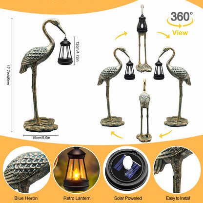 Solar Garden Statue Crane Figurine, Outdoor Hanging Solar Lanterns, 17.7 Inch Blue Heron Sculpture Statue for Patio Yard Porch, Garden Decor for Outside Birthday Gifts for Mom, Women Mother's Day