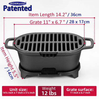 IronMaster Mini 100% Cast Iron Hibachi Grill, Tabletop Small Portable Charcoal Grill for Outdoor Camping, Japanese BBQ Grill Grate Surface 11" x 6.7" Ideal for 2 People