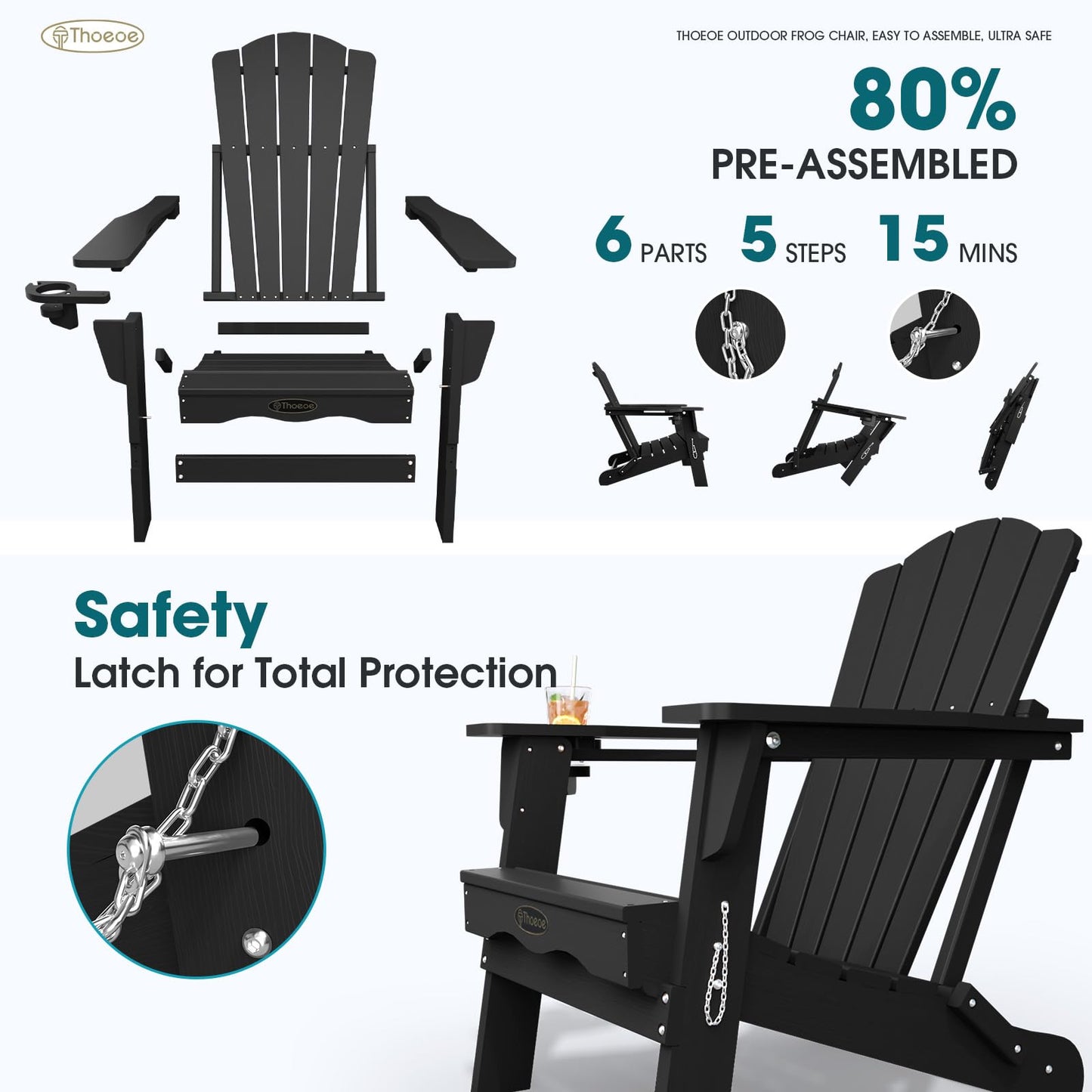 THOEOE Folding Adirondack Chair,HDPE All-Weather Outdoor Chair with Cup Holder,Wooden Textured,Fire Pit Chair,Plastic Patio Chair for Deck,Backyard,Garden,Lawn, Black