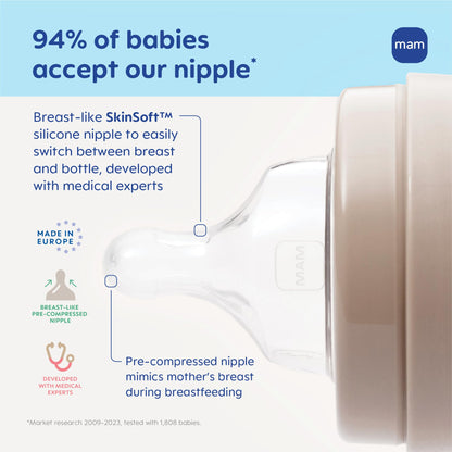 MAM 9oz Premium Glass Wide Neck Baby Bottle with Medium Flow Breastfeeding-Like Silicone Nipple, Easy to Clean, BPA Free, 2+ Months, Easy Switch Between Breast and Bottle, Made in Europe, 3 Pack